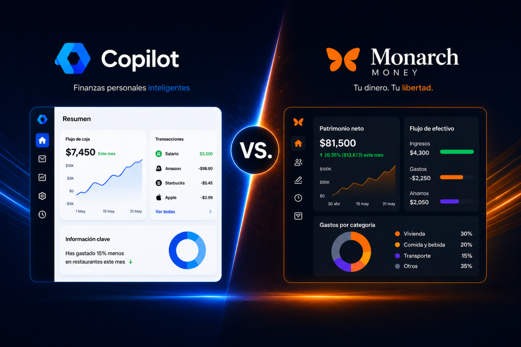 Comparativa visual entre los dashboards de Copilot y Monarch Money mostrando flujo de caja, patrimonio neto y gastos por categoría
