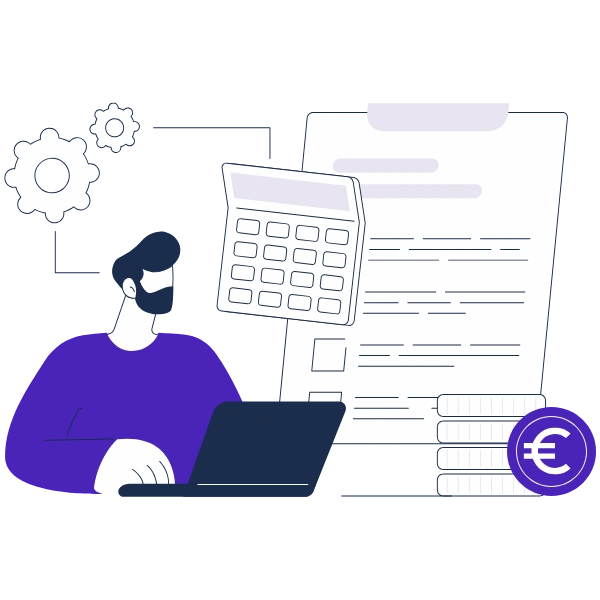 Ilustración de una persona calculando su presupuesto financiero personal con documentos y una calculadora