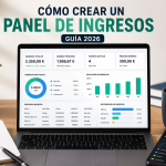 Ilustración de un panel de ingresos digital con gráficos, indicadores y diferentes fuentes de ingresos centralizadas para controlar las finanzas de forma visual y organizada.