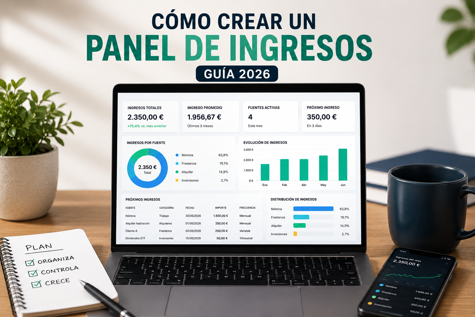 Ilustración de un panel de ingresos digital con gráficos, indicadores y diferentes fuentes de ingresos centralizadas para controlar las finanzas de forma visual y organizada.