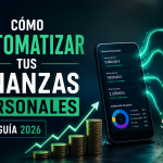 Ilustración de una persona automatizando sus finanzas personales mediante aplicaciones financieras conectadas, pagos automáticos, presupuestos digitales y paneles de control para gestionar el dinero de forma eficiente.