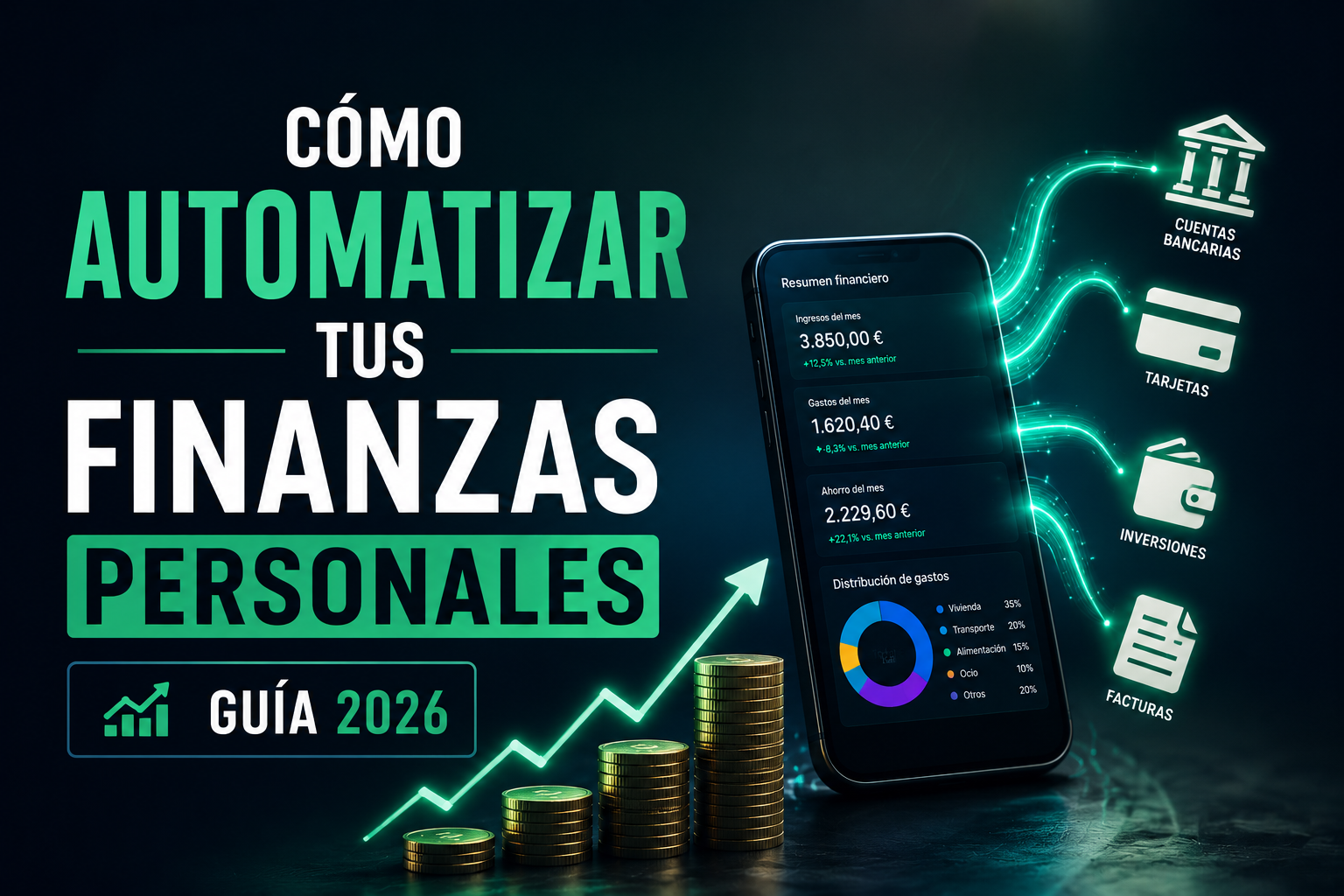 Ilustración de una persona automatizando sus finanzas personales mediante aplicaciones financieras conectadas, pagos automáticos, presupuestos digitales y paneles de control para gestionar el dinero de forma eficiente.