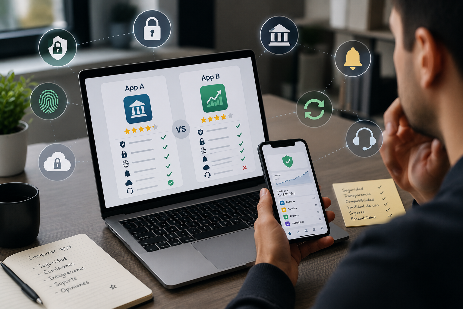 Persona comparando aplicaciones financieras en un portátil y un móvil mientras analiza diferentes criterios de seguridad, compatibilidad y protección para elegir la herramienta más segura.