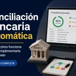 Imagen de portada sobre conciliación bancaria automática, con panel mostrando 92% de transacciones conciliadas, laptop y edificio de banco en miniatura