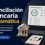 Ilustración del proceso de conciliación bancaria automatizada entre banco, software contable y reglas de coincidencia
