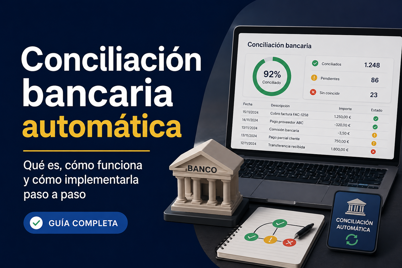 Ilustración del proceso de conciliación bancaria automatizada entre banco, software contable y reglas de coincidencia