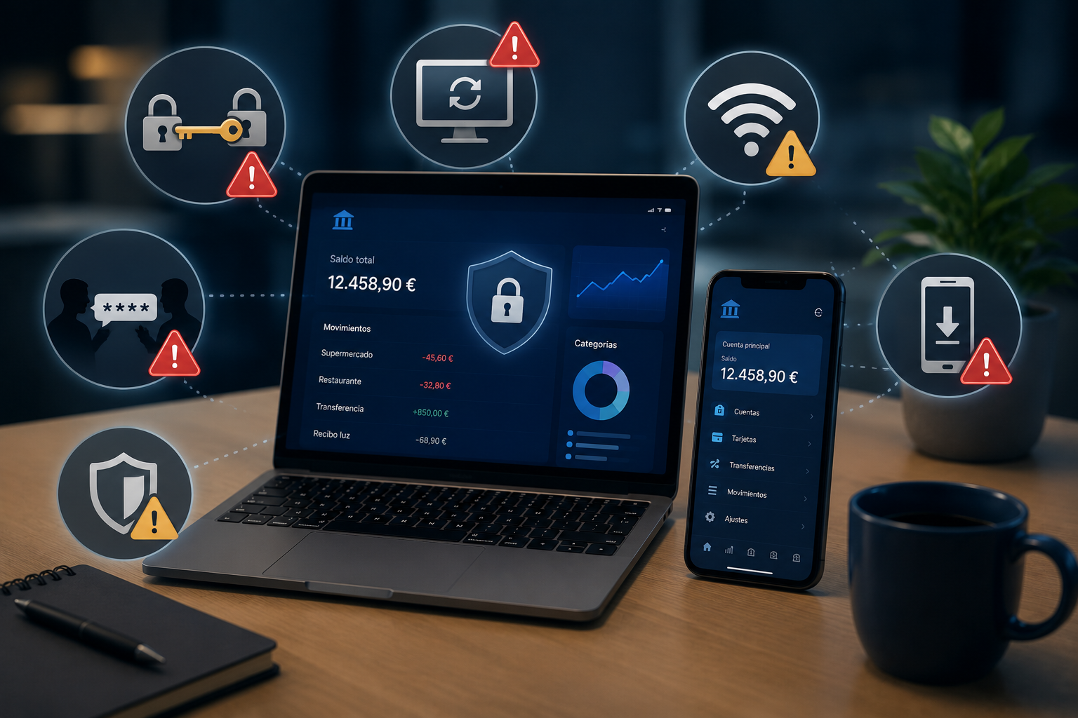 Portátil y móvil con una aplicación financiera rodeados de símbolos que representan errores de seguridad como reutilizar contraseñas, usar redes WiFi públicas, ignorar actualizaciones e instalar aplicaciones no oficiales.