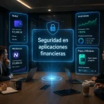 Reunión de trabajo analizando la seguridad en aplicaciones financieras, con paneles de wallet, neobancos, inversiones y pagos protegidos