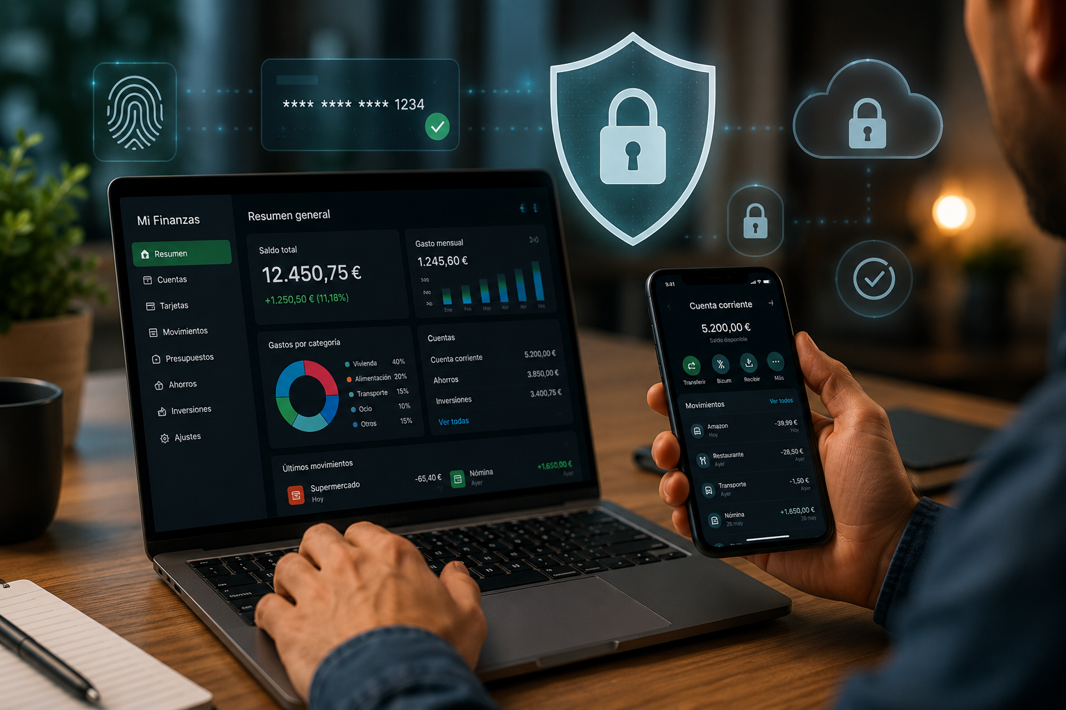 Persona utilizando aplicaciones financieras desde un portátil y un móvil con elementos visuales de ciberseguridad, como un escudo, candados y almacenamiento en la nube, para representar la protección del dinero y los datos digitales.