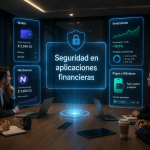 Seguridad en aplicaciones financieras con móvil, escudo digital y elementos de protección para evitar fraudes y proteger el dinero.