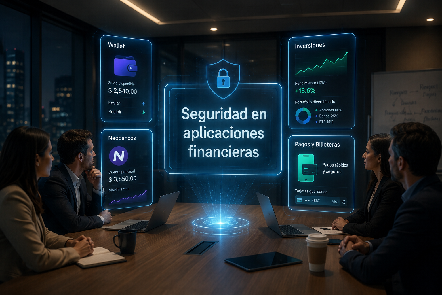Seguridad en aplicaciones financieras con móvil, escudo digital y elementos de protección para evitar fraudes y proteger el dinero.