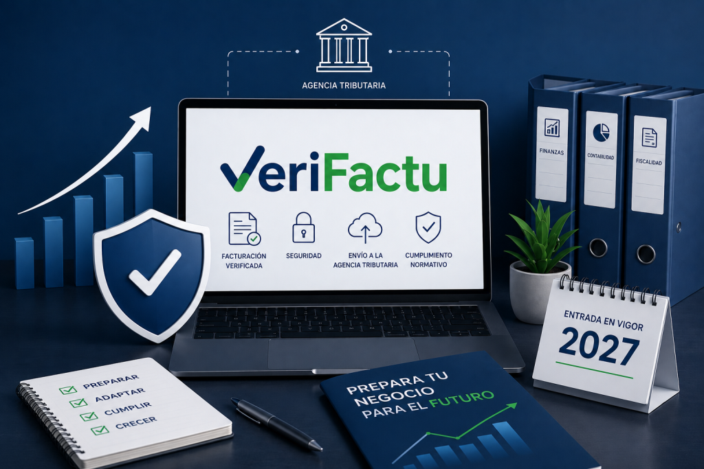 VeriFactu explicado de forma visual con un software de facturación conectado a la Agencia Tributaria y el proceso de emisión de facturas electrónicas.