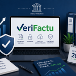 VeriFactu explicado de forma visual con un software de facturación conectado a la Agencia Tributaria y el proceso de emisión de facturas electrónicas.