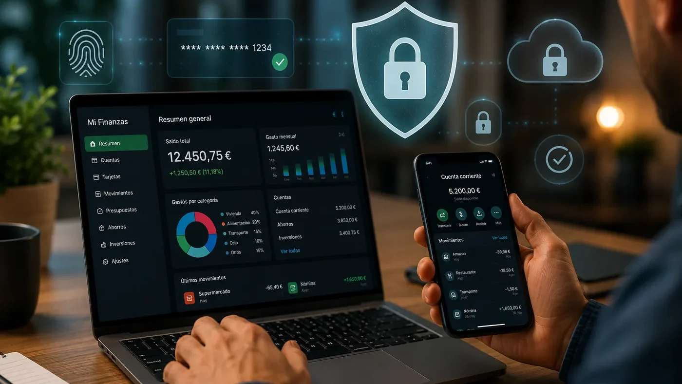 Persona utilizando aplicaciones financieras desde un portátil y un móvil con elementos visuales de ciberseguridad, como un escudo, candados y almacenamiento en la nube, para representar la protección del dinero y los datos digitales